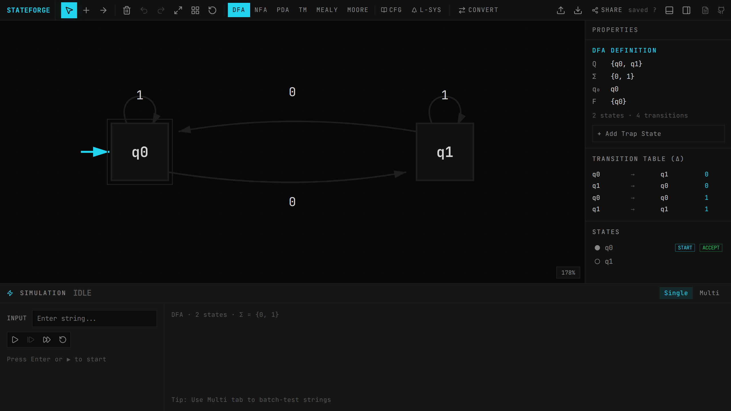 Full app view — DFA with states, transitions, sidebar, and simulation panel
