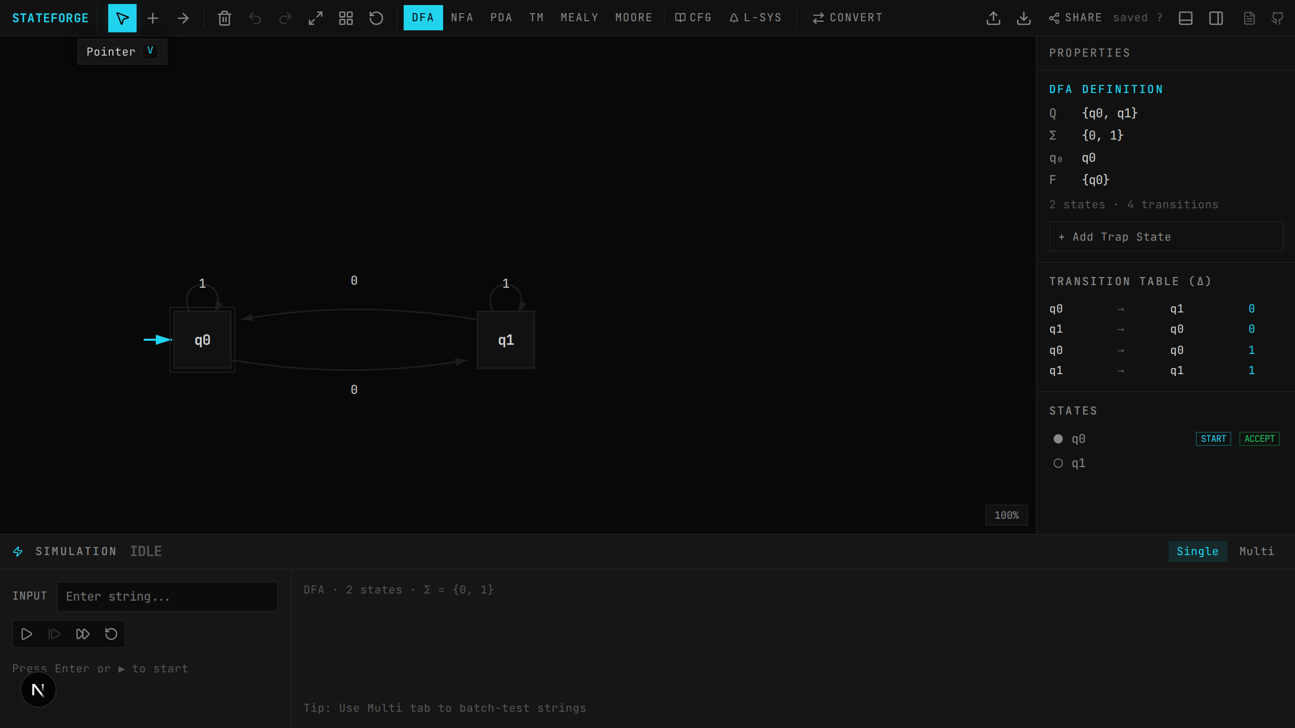 Canvas with states, transitions, initial arrow, and context menu