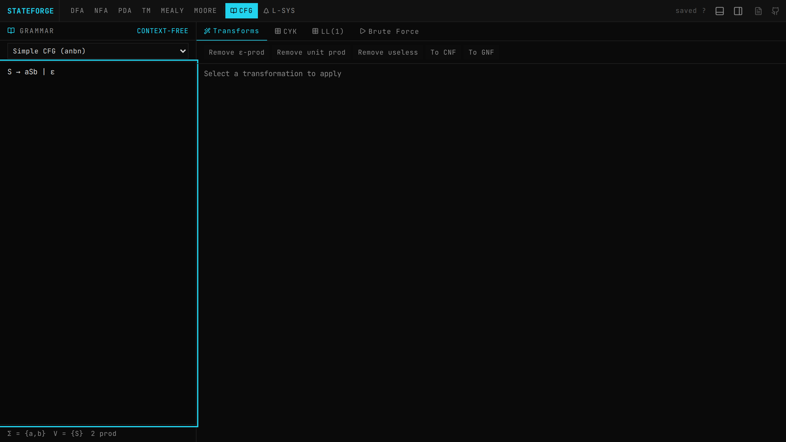 Grammar editor — CFG transforms panel with grammar loaded