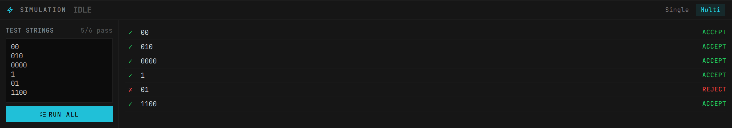 Multi-run — batch test multiple strings at once