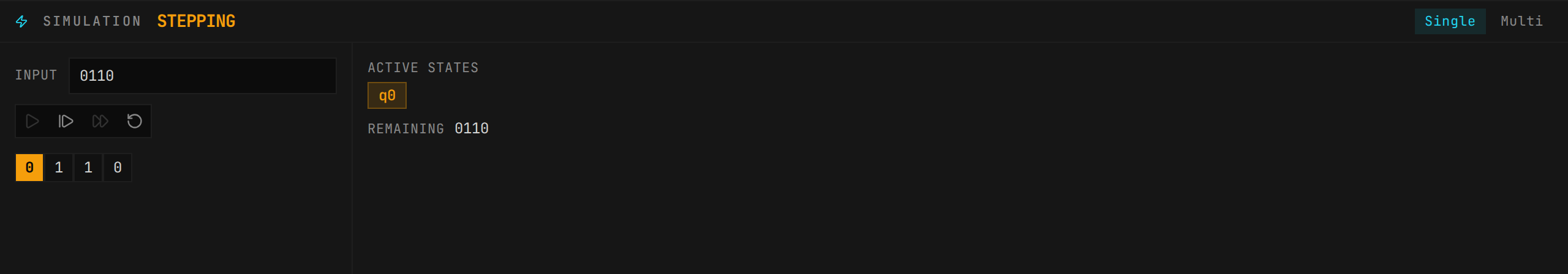 Simulation — string accepted with input tape consumed